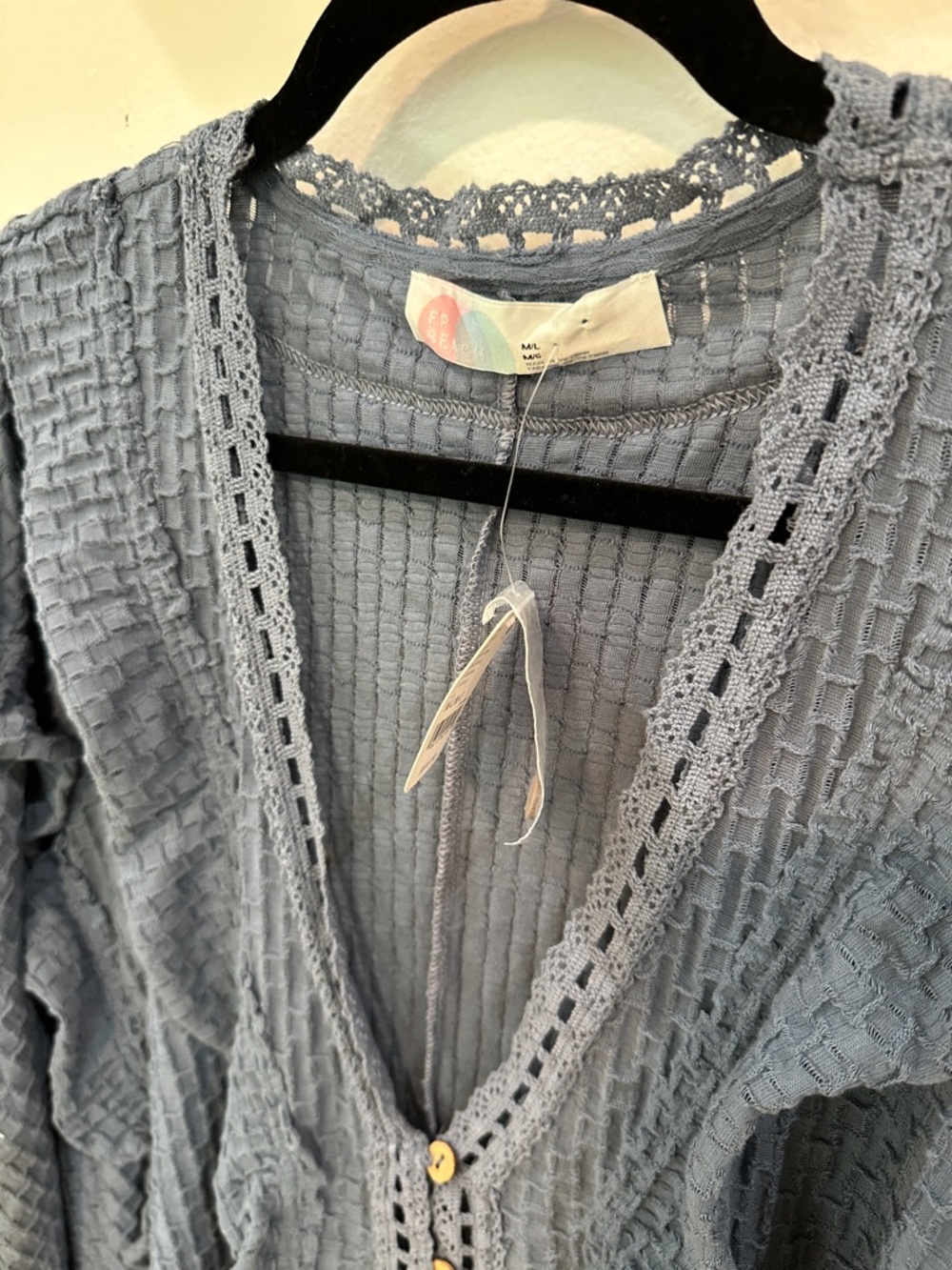 Free People Beach Blue Textured Ruffle Button-Front Top - Picture 10 of 11